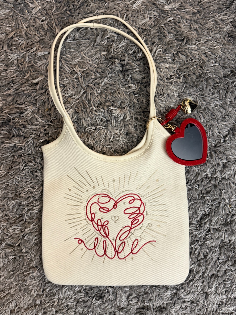 Cle de peau Cream Shoulder Bag with Red Heart Charm